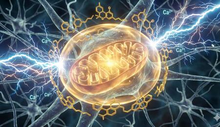 Ilustración científica 3D que muestra cómo moléculas de CBD (estructuras doradas) forman un escudo protector alrededor de una mitocondria neuronal, defendiéndola del exceso de iones de calcio (Ca2+) y las descargas eléctricas propias de la epilepsia, representando el mecanismo de neuroprotección.
