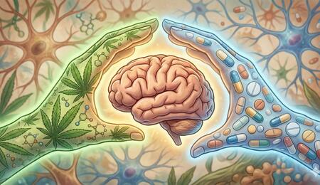 Ilustración artística de un cerebro humano protegido por dos manos que se unen: una con motivos de hojas de cannabis y otra con cápsulas medicinales, simbolizando la sinergia entre el CBD y la farmacología convencional.