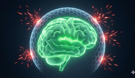 Ilustración médica de un cerebro humano iluminado en verde, protegido por un campo de fuerza hexagonal que representa la acción del CBD, repeliendo ataques de radicales libres y estrés oxidativo representados como chispas rojas.