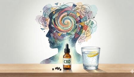 Ilustración surrealista que muestra una silueta humana con un torbellino de colores caóticos en la cabeza representando una "pálida" por cannabis, contrastada con elementos de rescate nítidos en primer plano: aceite de CBD, granos de pimienta negra y un vaso de agua con limón.