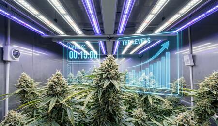 Ilustración técnica de un cultivo indoor avanzado donde se muestra la aplicación de pulsos de luz UV-B sobre flores de cannabis para potenciar la resina.