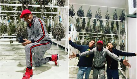 Late rapper Coolio posing next to large rack of drying cannabis buds. 