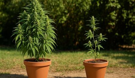 Comparativa de dos plantas de marihuana: una grande y sana plantada en temporada óptima y otra pequeña plantada fuera de temporada.