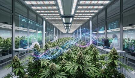Instalación futurista de cultivo de cannabis indoor con tecnología de IA, hologramas de métricas de VPD y redes neuronales inteligentes.
