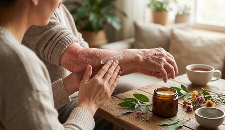 mujer untando crema en brazo de persona anciana con dermatitis