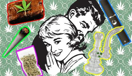 Retro-style illustration of a smiling 1950s couple surrounded by different cannabis consumption methods, including a joint, cannabis flower, a brownie edible, a vaporizer pen, and a glass bong, set against a patterned background with cannabis leaf motifs.