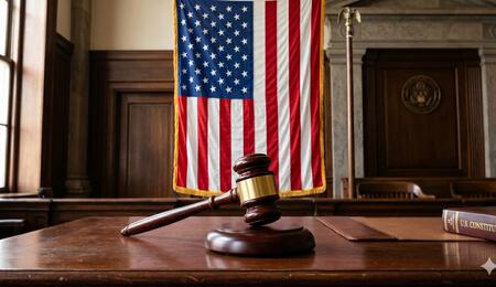 Mazo de juez sobre un escritorio de madera, con la bandera de Estados Unidos