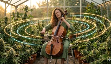Mujer tocando el violonchelo rodeada de plantas de marihuana en floración dentro de un invernadero, con ondas de luz circulares que representan el efecto de la música y la bioacústica en el desarrollo vegetal.