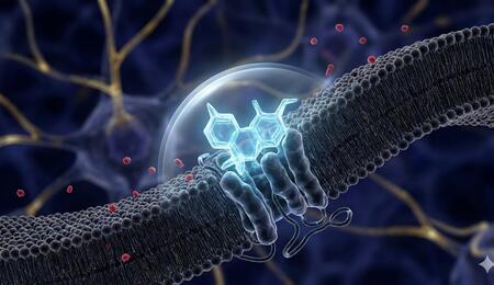 Representación 3D de alta precisión de una molécula de THCV (azul) actuando como un antagonista neutro en el receptor CB1, bloqueando señales externas sin alterar la actividad basal de la célula, según el estudio de Roger Pertwee.