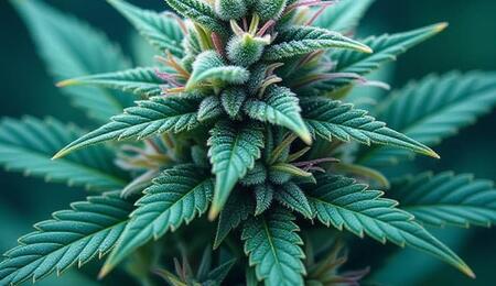 Fotografía macro de una cepa de cannabis futurista que muestra las estructuras de terpenos y cannabinoides minoritarios.