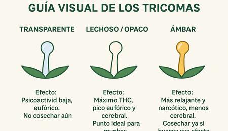 Infografía sobre la cosecha de cannabis 2025 que resume pasos clave: revisión de tricomas