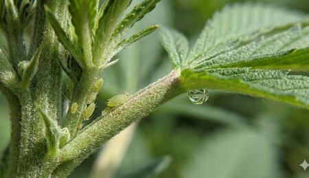 Primer plano macro de una colonia de pulgones verdes y mielato sobre una hoja de cannabis.