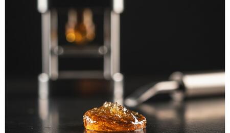 Un extracto de Live Rosin recién prensado, brillante y de alta pureza.