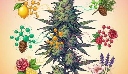 Infografía de la guía de perfiles de terpenos del cannabis, mostrando los aromas, efectos y cepas asociadas a cada terpeno principal como el mirceno, limoneno y linalol.