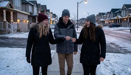Three young adults smiling and walking through a snowy residential neighborhood during the holidays, holding a green cannabis vape pen for a "cousin walk."