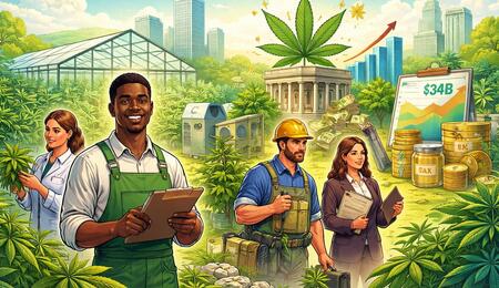 A visual representing the economic and social impact of cannabis legalization, with portraits of people in different industry job roles and visible marijuana symbols. 