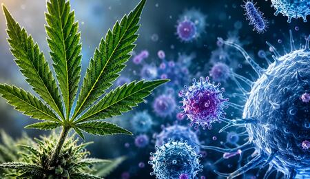 Close-up digital illustration of a cannabis leaf beside microscopic immune cells and virus-like particles glowing in a blue scientific background.