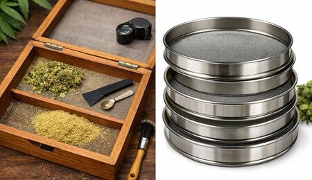 Cannabis kief screening setup featuring a wooden pollen box with sifted trichomes and tools alongside stacked metal mesh screens used to separate resin crystals from plant material.