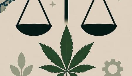 Símbolos del debate social y legal sobre el cannabis en España en 2025, con balanza, hoja y libro representativos.