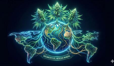 Ilustración artística que muestra plantas de cannabis con raíces luminosas conectando América del Norte, Europa y América del Sur alrededor del globo, simbolizando el crecimiento del mercado mundial.