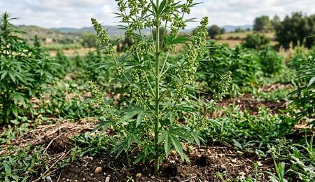 Primer plano realista de una planta macho de cannabis vigorosa creciendo en un campo de cultivo exterior bajo luz natural, mostrando abundantes racimos de sacos de polen (flores masculinas) en desarrollo a lo largo de las ramas, con un fondo borroso de una granja y colinas