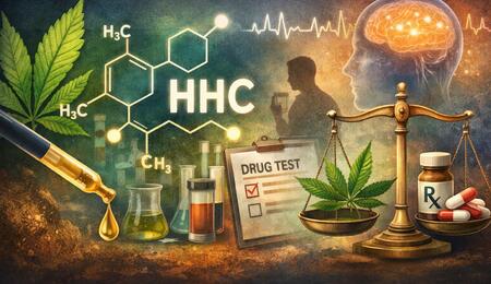 Wide horizontal illustration featuring a cannabis leaf, HHC molecular structure, lab glassware, oil dropper, drug test clipboard, brain graphic, and a balance scale weighing cannabis against prescription medicine, symbolizing the science and regulation of cannabinoids.