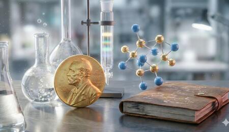 Composición profesional de un laboratorio científico con iluminación blanca y realista. Se observa una medalla del Premio Nobel apoyada junto a un cuaderno de cuero con diagramas químicos manuales, matraces de vidrio y un modelo molecular de esferas, representando el legado de rigor y descubrimiento de Julius Axelrod.