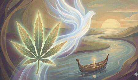 Ilustración artística en homenaje a Jay Jay, fundador de Advanced Hydroponics of Holland. Muestra una hoja de cannabis resplandeciente y una figura espiritual ascendiendo sobre un río con una barca y una vela, simbolizando su viaje final y legado duradero.