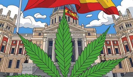 Congreso de los Diputados en Madrid con hoja de cannabis, debate legalización marihuana España