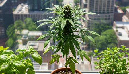 Planta de marihuana creciendo entre hierbas aromáticas en un alféizar soleado