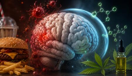 Ilustración de cerebro co hoja de planta de marihuana y moléculas