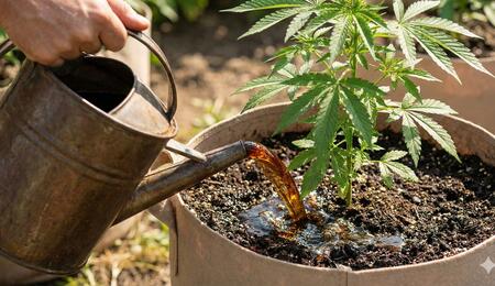 fertilizante orgánico de color ámbar para plantas de cannabis