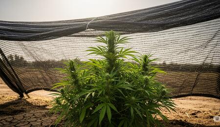 Planta de cannabis protegida con malla de sombreo