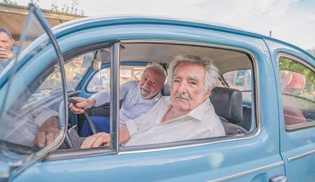 Former Uruguayan president Pepe Mujica in his blue Volkswagen Beetle, he is best known for making Uruguay the first legal cannabis country in the world