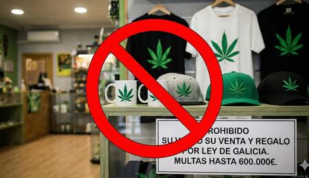 Interior de un grow shop con una señal de prohibido roja sobre productos de merchandising (camisetas, tazas, gorras) con la hoja de marihuana. Un cartel advierte de la prohibición de venta y regalo por la Ley de Galicia con multas de hasta 600.000€.