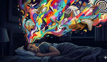 Representación artística de una persona durmiendo de la que emanan imágenes oníricas vibrantes y coloridas, simbolizando el fenómeno del rebote REM tras dejar el cannabis.