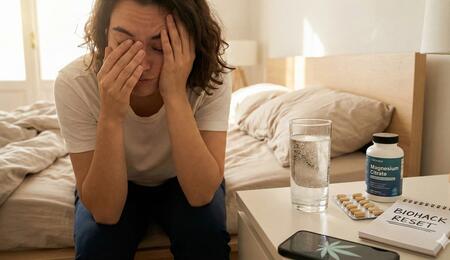 Una persona joven sentada en el borde de la cama por la mañana con las manos en la cara, mostrando signos de niebla mental y cansancio, junto a un vaso de agua y suplementos de magnesio para un protocolo de recuperación tras el consumo de cannabis.