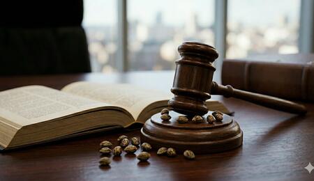 Un mazo de juez de madera y un bloque de sonido descansan sobre un escritorio junto a semillas de cannabis esparcidas y un libro abierto, con un horizonte urbano borroso de fondo.