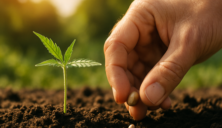 Mano plantando semilla de cannabis en tierra, símbolo del autocultivo y la legalización en España