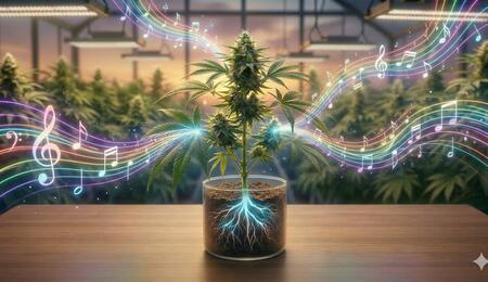Una planta de cannabis de floración en un frasco de vidrio en un invernadero de cultivo emite una corriente vibrante de energía neón de colores del arco iris y una compleja serie de notas musicales y símbolos de partituras de arco iris de sus hojas y raíces. La corriente de energía y música están entrelazadas, ilustrando la creación directa de música a partir de las bioseñales de la planta. Las raíces visibles dentro del frasco brillan intensamente en azul puro. El fondo muestra otras plantas de cannabis