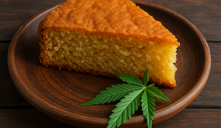 Part de space cake dorée et moelleuse sur assiette en bois