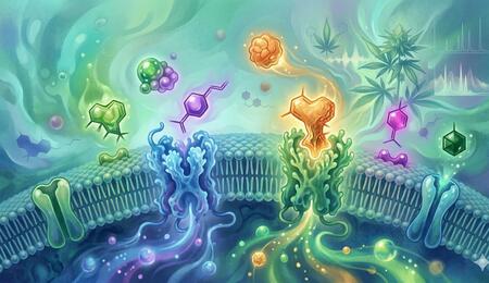 Representación artística y vibrante de moléculas de terpenos actuando como llaves biológicas que encajan y activan de forma selectiva los receptores cannabinoides CB1 y CB2 en una membrana celular.