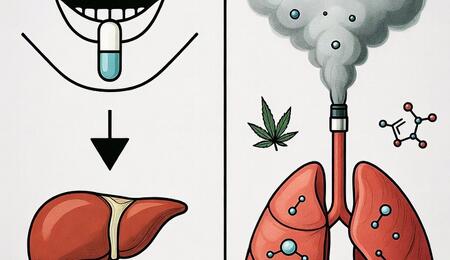 Ilustración comparativa de la baja biodisponibilidad de los terpenos de cannabis por vía oral (metabolismo hepático) y por inhalación (dispersión pulmonar) versus la necesidad de llegar a los receptores del dolor.