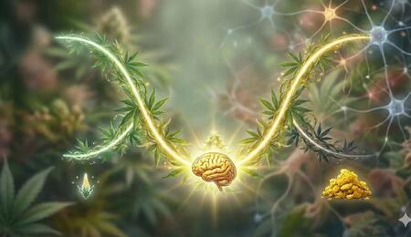 nfografía artística en forma de "U" creada con lianas y hojas de cannabis, con un cerebro humano iluminado en la base de la curva, representando la relación científica entre la dosis de cannabinoides y el efecto antidepresivo.