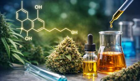 Horizontal laboratory-style image featuring a cannabis bud, glass dropper bottle filled with golden cannabis oil, an amber beaker, and a glowing THCP molecular structure in the background, illustrating the cannabinoid tetrahydrocannabiphorol and its enhanced receptor-binding properties.