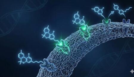 Representación artística y científica de moléculas de THCV interactuando con receptores de la membrana celular, ilustrando el mecanismo bioquímico del control glucémico en pacientes con diabetes.