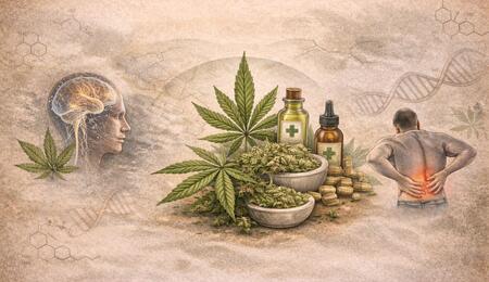 Horizontal cover illustration depicting a central cannabis plant surrounded by medical cannabis products such as amber dropper bottles, capsules, and dried buds, with a glowing human brain on one side and a person holding their lower back in pain on the other, set against a parchment-style background with subtle scientific molecular diagrams and DNA strands. 