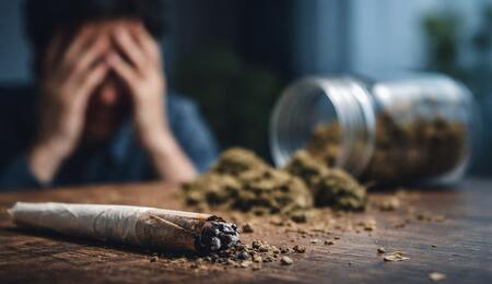 A broken cannabis joint on a wooden table with spilled marijuana buds and an overturned jar in the foreground, while a stressed person sits blurred in the background, illustrating cannabis withdrawal and the difficulty of quitting long-term marijuana use.