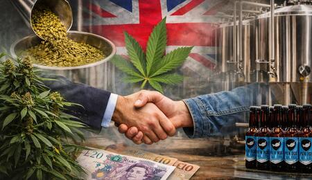 Composite image showing a business handshake set inside a modern brewery with stainless steel tanks. Cannabis leaves and hop pellets appear on one side, while bottles of craft beer line the other, with British pound banknotes in the foreground and a faded Union Jack flag in the background—symbolizing Tilray’s £33 million acquisition of BrewDog’s UK and Irish assets.