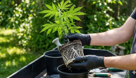 Manos enguantadas sosteniendo un pan de raíces sano y blanco de una planta de cannabis joven durante un trasplante para la temporada de exterior 2026 en España.